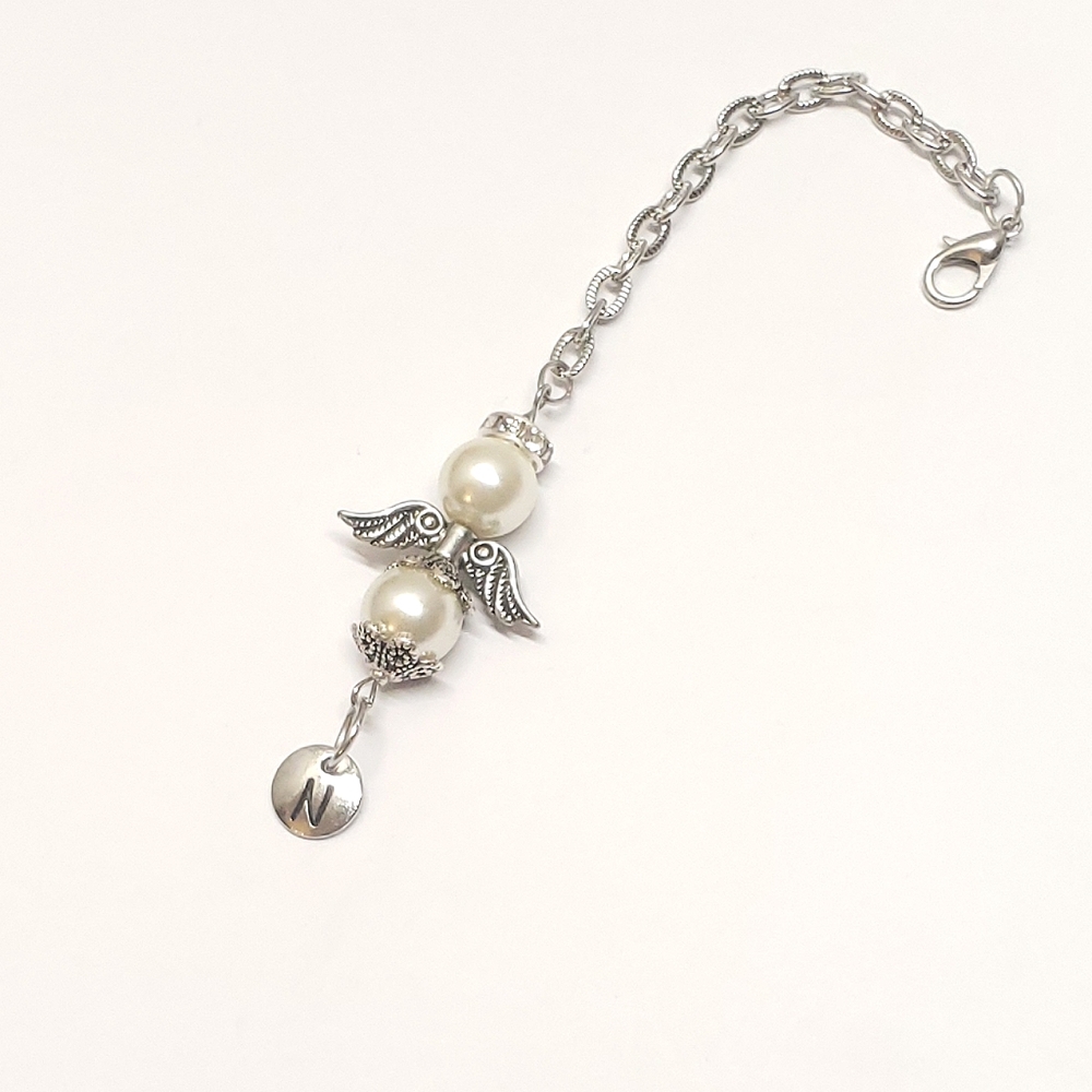 Handmade Pearl Beaded Guardian Angel & Intial Letter Rear View Mirror Charm Car